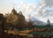 A  mediterranean harbour scene with numerous figures on a que beneath a fort Adriaen Coorte